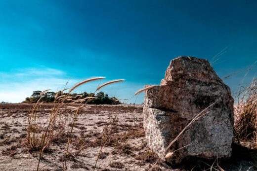 Vast open desert with a solitary rock and dry grass under a bright blue sky.